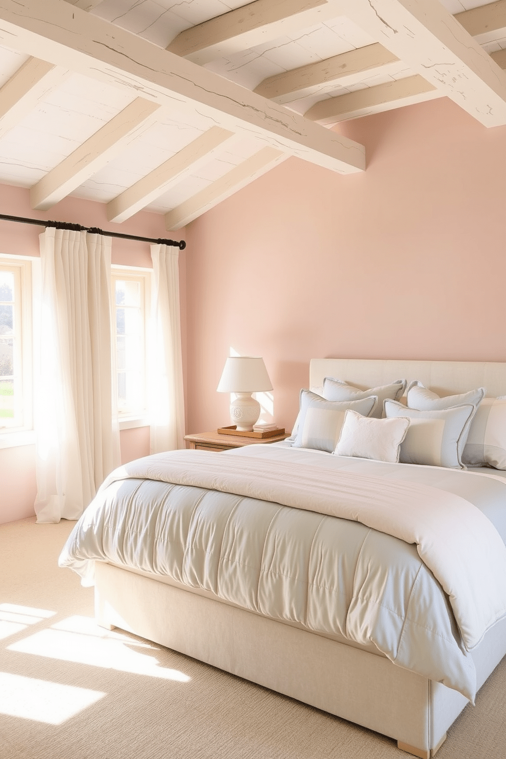 A serene Mediterranean bedroom featuring soft pastel colors that create a soothing atmosphere. The walls are painted in a light blush hue, complemented by whitewashed wooden beams on the ceiling. A large, plush bed is adorned with a light blue and cream quilt, surrounded by matching pastel pillows. Natural light floods the room through sheer curtains, illuminating a rustic wooden nightstand with a delicate ceramic lamp.