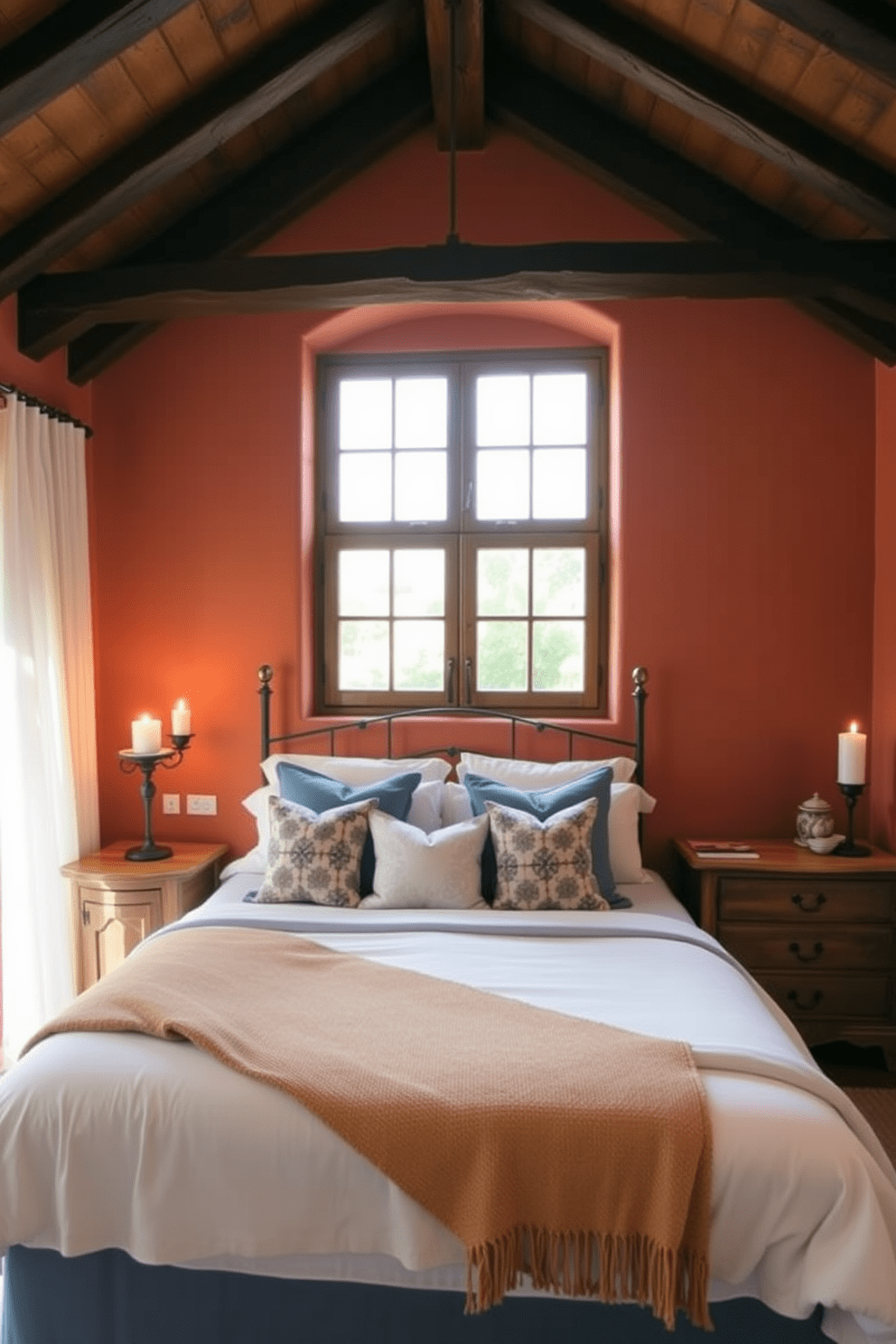 A cozy Mediterranean bedroom features a warm color palette with terracotta walls and wooden beams across the ceiling. The bed is adorned with soft linens in shades of blue and white, complemented by decorative pillows and a woven throw. On either side of the bed, elegant candle holders made of wrought iron cast a soft glow, enhancing the romantic ambiance. A rustic wooden dresser adds charm, while a large window with flowing curtains allows natural light to fill the space.