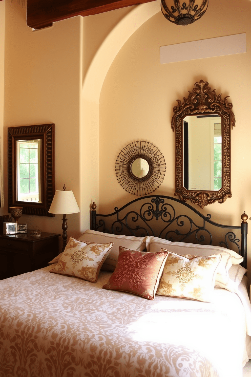 A cozy Mediterranean bedroom featuring decorative mirrors that enhance the natural light. The walls are adorned with soft, warm colors and rustic wooden beams, creating an inviting atmosphere. A plush bed with a beautifully patterned duvet sits against the wall, flanked by elegant bedside tables. The decorative mirrors are strategically placed to reflect the light and add depth to the space, complementing the overall design.