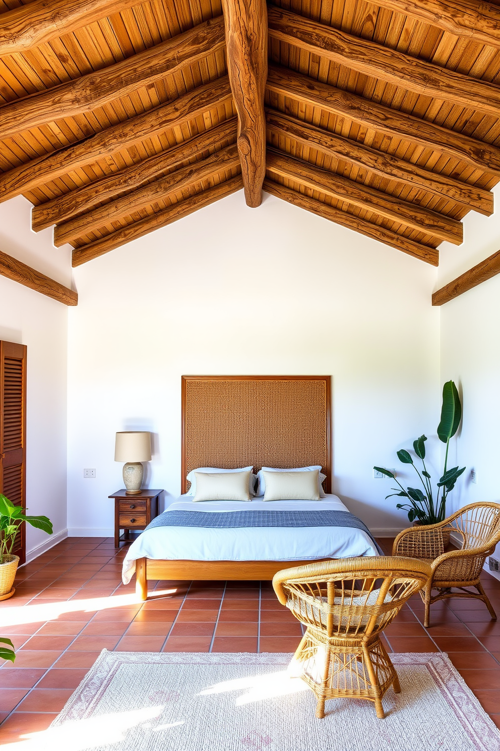 A serene Mediterranean bedroom featuring exposed wooden beams on the ceiling. The walls are painted in a soft white, complemented by terracotta tiles on the floor. A large, plush bed with a woven headboard takes center stage, adorned with light blue and beige linens. To one side, a rustic wooden nightstand holds a ceramic lamp with a warm glow. A cozy seating area includes a pair of rattan chairs and a small coffee table, inviting relaxation. Potted plants in the corners add a touch of greenery, enhancing the tranquil atmosphere.