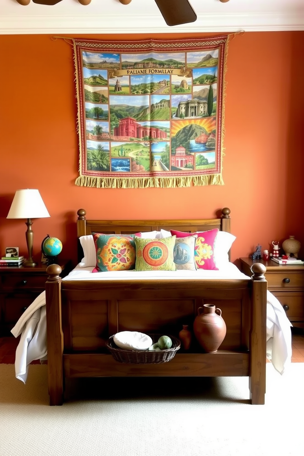 A Mediterranean bedroom featuring personalized decor with travel souvenirs. The walls are painted in a warm terracotta hue, complemented by a woven tapestry showcasing landscapes from various destinations. A rustic wooden bed frame is adorned with soft white linens and vibrant throw pillows collected from around the world. On the nightstands, unique souvenirs like a small globe and handcrafted pottery add character and a sense of adventure to the space.