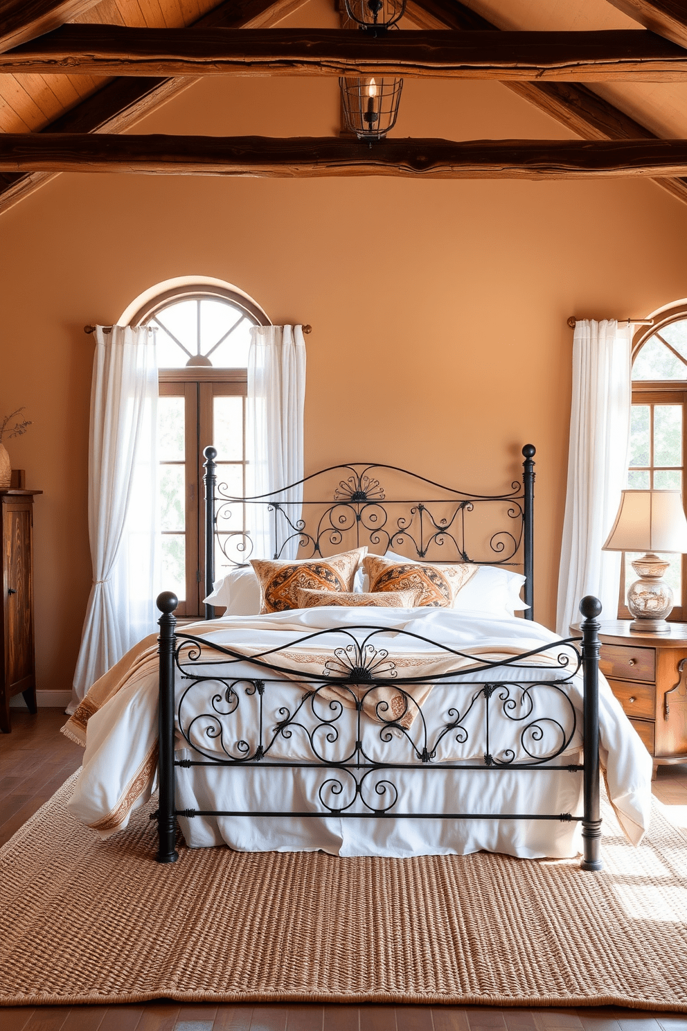 A Mediterranean bedroom featuring a wrought iron bed frame that exudes elegance. The bed is adorned with soft, flowing linens in shades of white and terracotta, complemented by intricately patterned throw pillows. The walls are painted in a warm, sandy hue, creating a cozy atmosphere. Large arched windows allow natural light to flood the room, framed by sheer white curtains that gently sway in the breeze. Rustic wooden beams stretch across the ceiling, adding character and charm. A woven area rug in earthy tones anchors the space, while a bedside table made of reclaimed wood holds a decorative lamp with a warm glow.