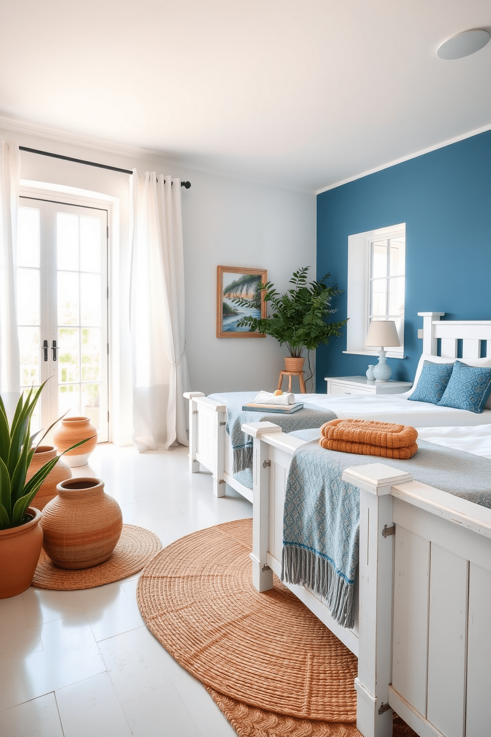 A serene Mediterranean bedroom featuring a blue accent wall that evokes the calming hues of the sea. The room is adorned with whitewashed wooden furniture, including a spacious bed with crisp white linens and decorative blue throw pillows. Natural light floods the space through large windows draped with sheer curtains, enhancing the airy feel. Rustic elements like a woven jute rug and terracotta pots with vibrant greenery complete the inviting atmosphere.