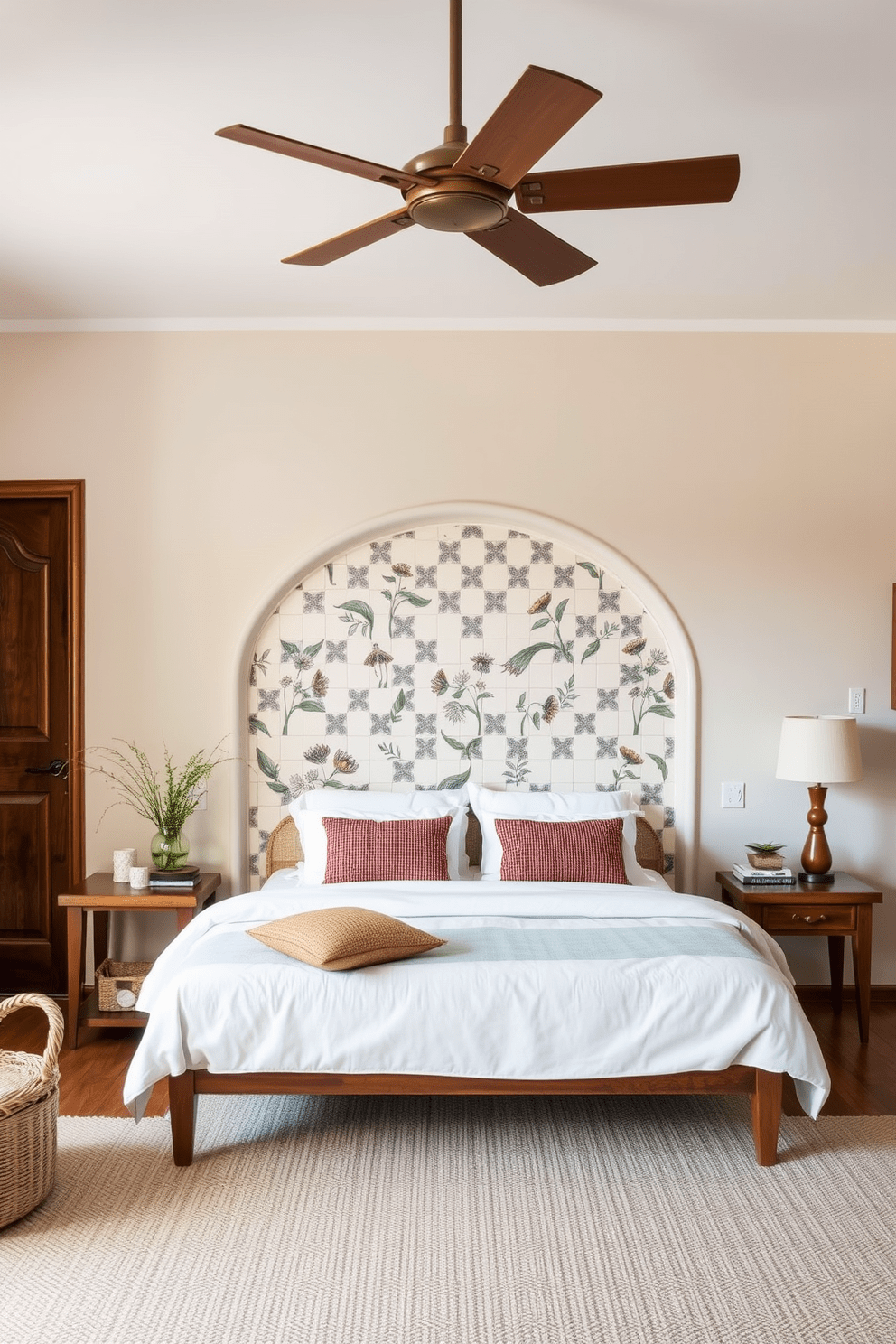 A serene Mediterranean bedroom featuring hand-painted ceramic tiles as a stunning backsplash behind the bed. The room is adorned with soft, earthy tones, complemented by natural wood furniture and woven textiles.