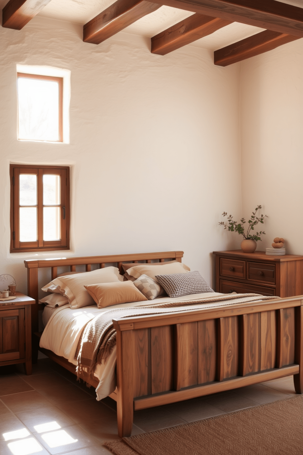 A cozy Mediterranean bedroom features rustic wooden furniture that exudes charm and warmth. The bed is adorned with soft linens in earthy tones, complemented by decorative pillows and a woven throw. Natural light floods the space through large windows, highlighting the textured walls painted in a soft cream. A vintage wooden dresser sits against one wall, adorned with a few carefully chosen decorative items and a small potted plant.