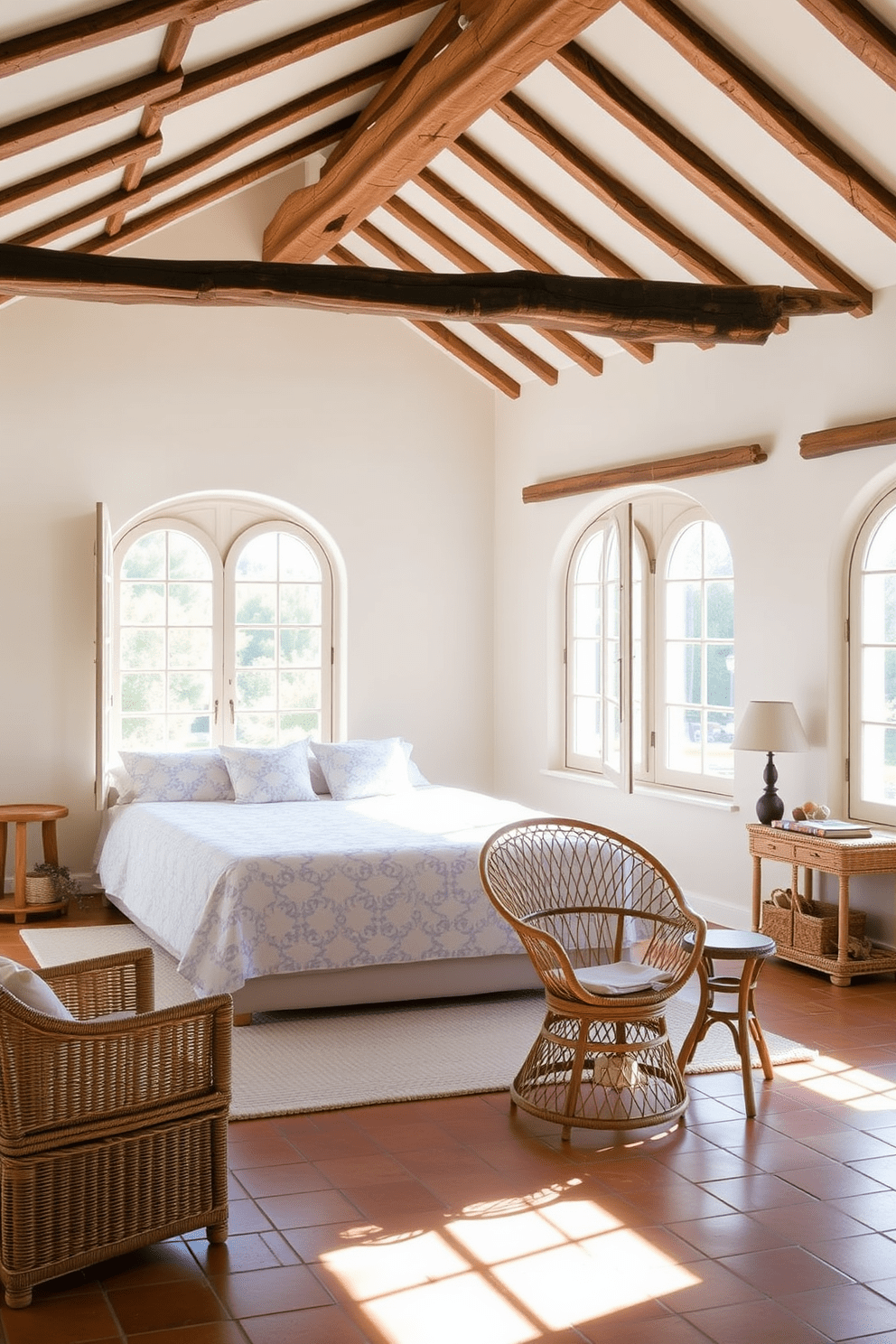 A serene Mediterranean bedroom filled with natural light streaming through large arched windows. The walls are painted in a soft cream color, complemented by rustic wooden beams on the ceiling and terracotta tiles on the floor. The centerpiece is a king-sized bed adorned with a light blue and white patterned duvet and plush pillows. Surrounding the bed are woven wicker nightstands and a cozy reading nook featuring a rattan chair and a small side table.