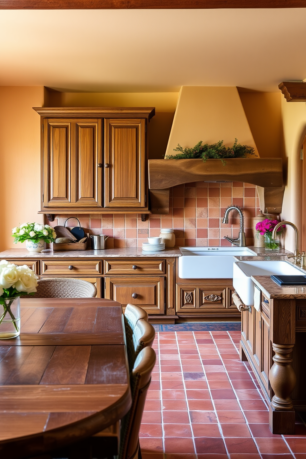 A Mediterranean kitchen featuring warm earthy tones with terracotta tiles. The space includes wooden cabinetry with intricate carvings and a large farmhouse sink, complemented by a rustic wooden dining table.