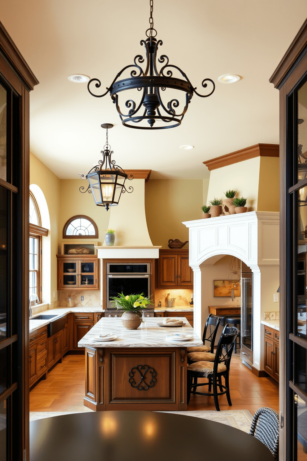 A Mediterranean kitchen features warm earthy tones and rustic charm. Wrought iron light fixtures hang gracefully from the ceiling, illuminating the space with a welcoming glow. The cabinetry is a mix of deep wood finishes and creamy white hues, creating a harmonious balance. A large island with a stone countertop serves as the centerpiece, surrounded by comfortable seating for family gatherings.