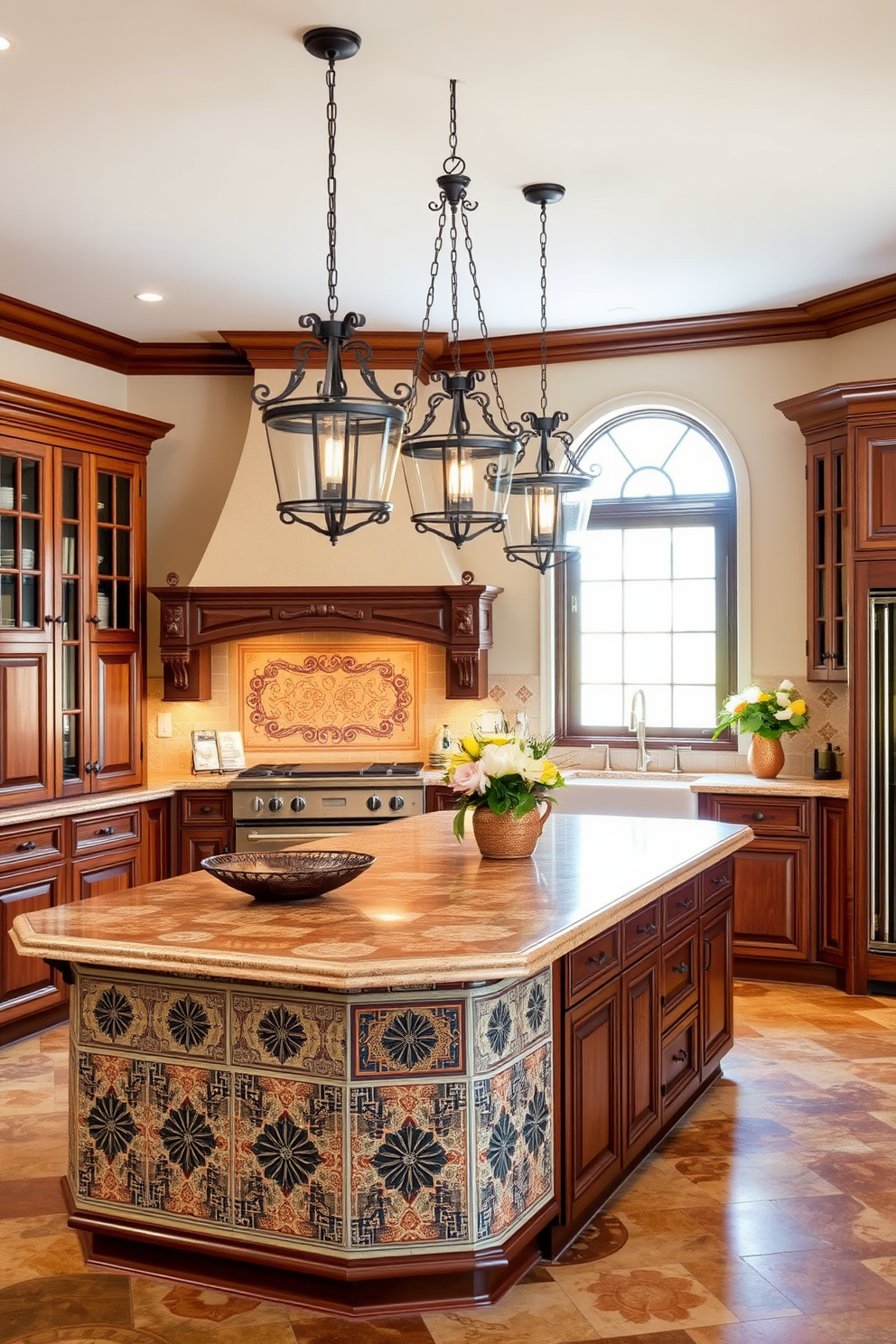 A Mediterranean-inspired kitchen features a spacious island adorned with intricate tile work and a warm wooden finish. Above the island, elegant pendant lights with wrought iron details cast a soft glow, enhancing the inviting atmosphere of the space.