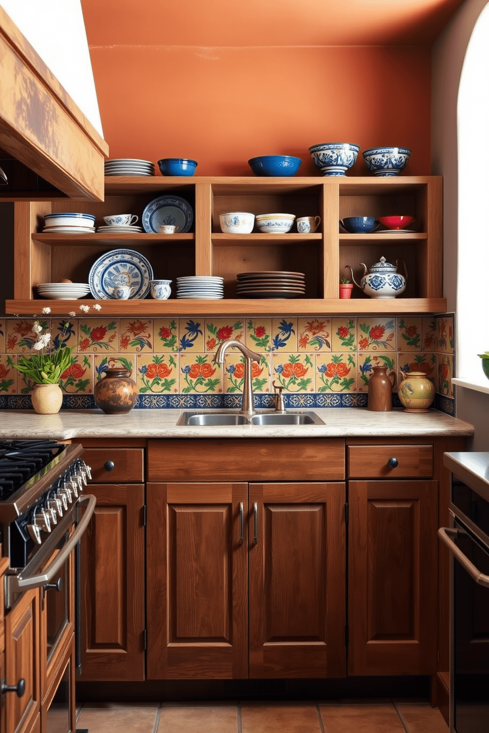 A Mediterranean kitchen featuring hand-painted tiles as a unique backsplash. The warm color palette includes terracotta and deep blue accents, complemented by rustic wooden cabinetry and open shelving filled with vibrant dishware.