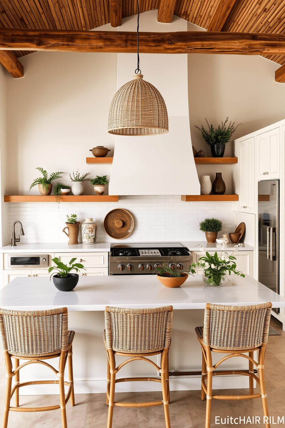 A Mediterranean kitchen featuring bamboo and rattan accents that create a warm and inviting atmosphere. The cabinetry is painted in a soft cream color and complemented by natural wood shelves adorned with potted herbs and decorative ceramics. The countertops are made of smooth, light-colored stone, enhancing the airy feel of the space. A large island with rattan bar stools invites casual dining, while pendant lights with woven shades add a touch of elegance.