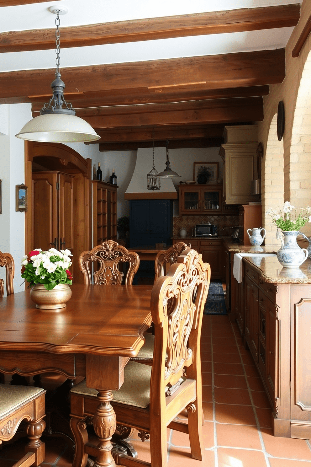 Antique wooden furniture adds a timeless appeal to any space. The kitchen features a rustic wooden dining table surrounded by intricately carved chairs, creating a warm and inviting atmosphere. The Mediterranean kitchen is adorned with terracotta tiles and exposed wooden beams. Bright blue and white accents complement the antique furniture, enhancing the overall charm of the design.