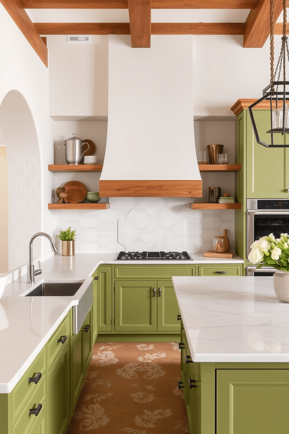 A Mediterranean kitchen featuring olive green cabinetry that adds a fresh and vibrant touch. The space includes open shelving with rustic wooden accents and a large island topped with a white marble countertop.