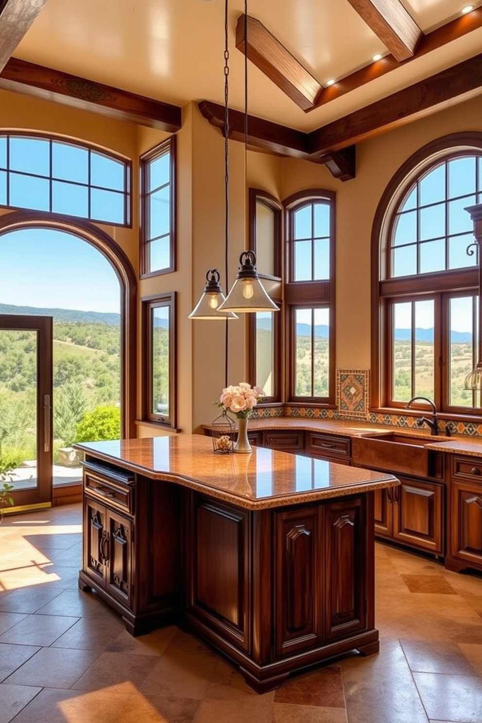 A Mediterranean kitchen design featuring large windows that allow ample natural light to flood the space. The windows provide stunning views of the surrounding landscape, enhancing the inviting atmosphere of the kitchen. The kitchen includes rustic wooden cabinets with intricate carvings and a spacious island topped with a warm-toned granite. Decorative tile backsplashes in vibrant colors add a touch of Mediterranean flair, while pendant lights hang gracefully above the island.