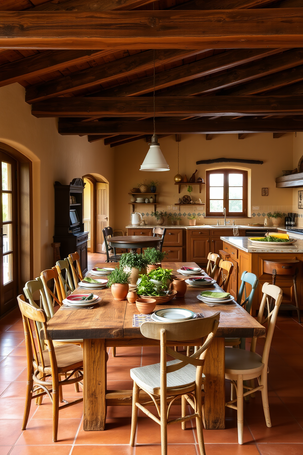 A rustic wooden dining table is the centerpiece of the room, surrounded by mismatched chairs that add character. The table is set with an array of colorful ceramic dishes and a centerpiece of fresh herbs in terracotta pots. The Mediterranean kitchen features warm earth tones with exposed wooden beams and a tiled backsplash. Natural light floods the space through large windows, illuminating the open layout and inviting atmosphere.