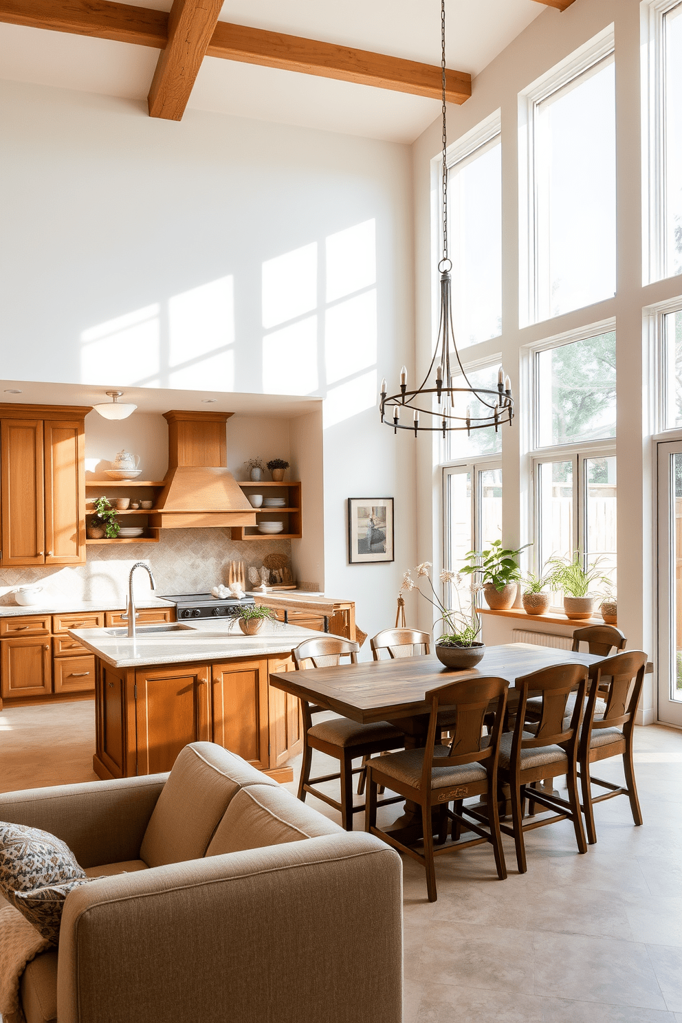 A bright and airy open floor plan kitchen with high ceilings and large windows that allow natural light to flood the space. The kitchen features a large central island with bar seating, surrounded by warm wooden cabinetry and elegant tile backsplash in soft earth tones. The dining area seamlessly flows into the kitchen, showcasing a rustic wooden table surrounded by comfortable chairs. Decorative elements include potted herbs on the windowsill and colorful ceramic dishware displayed on open shelves, enhancing the Mediterranean vibe.