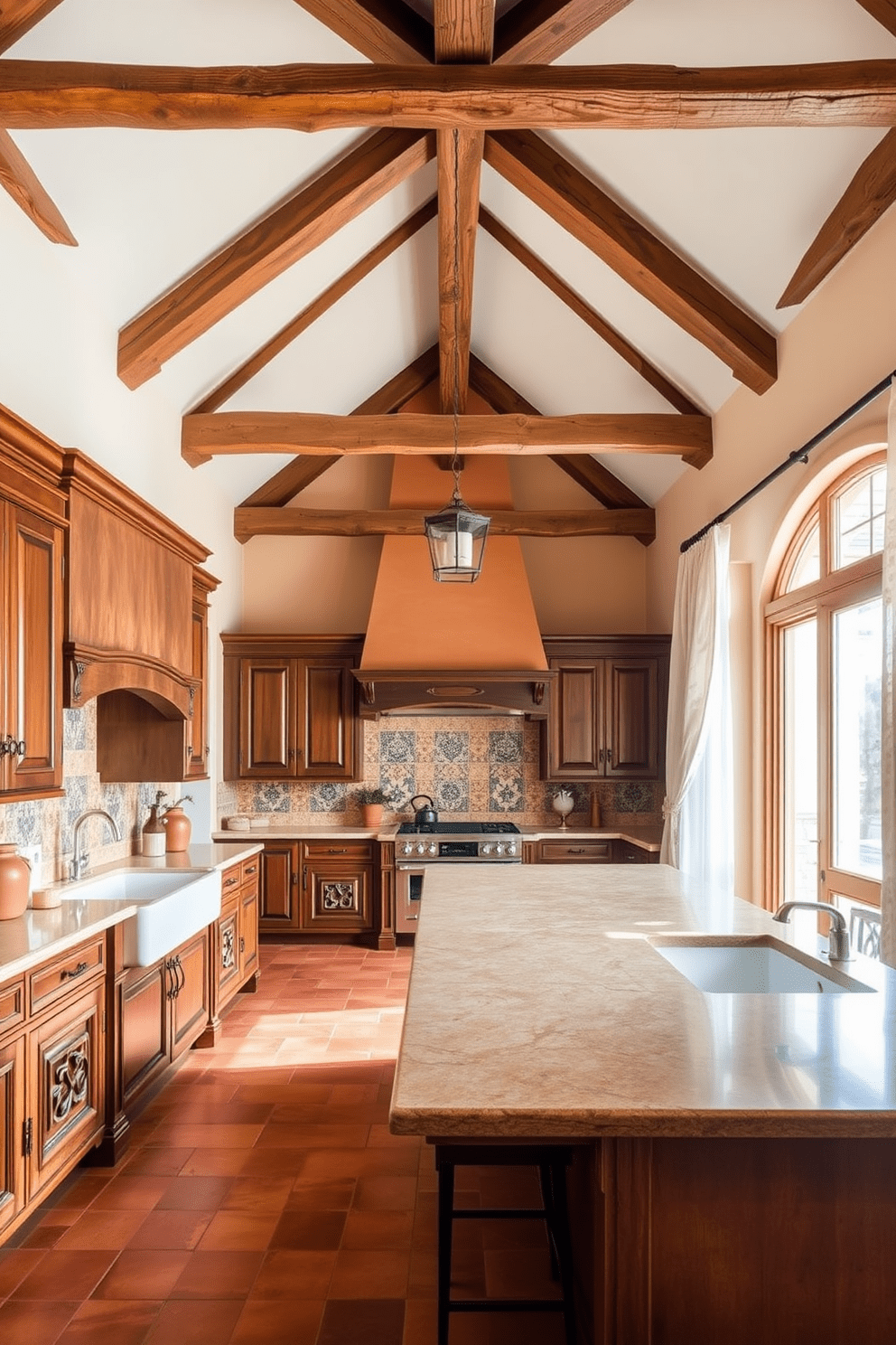 A Mediterranean kitchen featuring exposed wooden beams that add rustic charm to the space. The kitchen has terracotta tiles, a large farmhouse sink, and wooden cabinets with intricate carvings. Natural light pours in through large windows adorned with sheer curtains, illuminating the warm color palette. A spacious island with bar stools invites gatherings, while decorative ceramic tiles accent the backsplash.