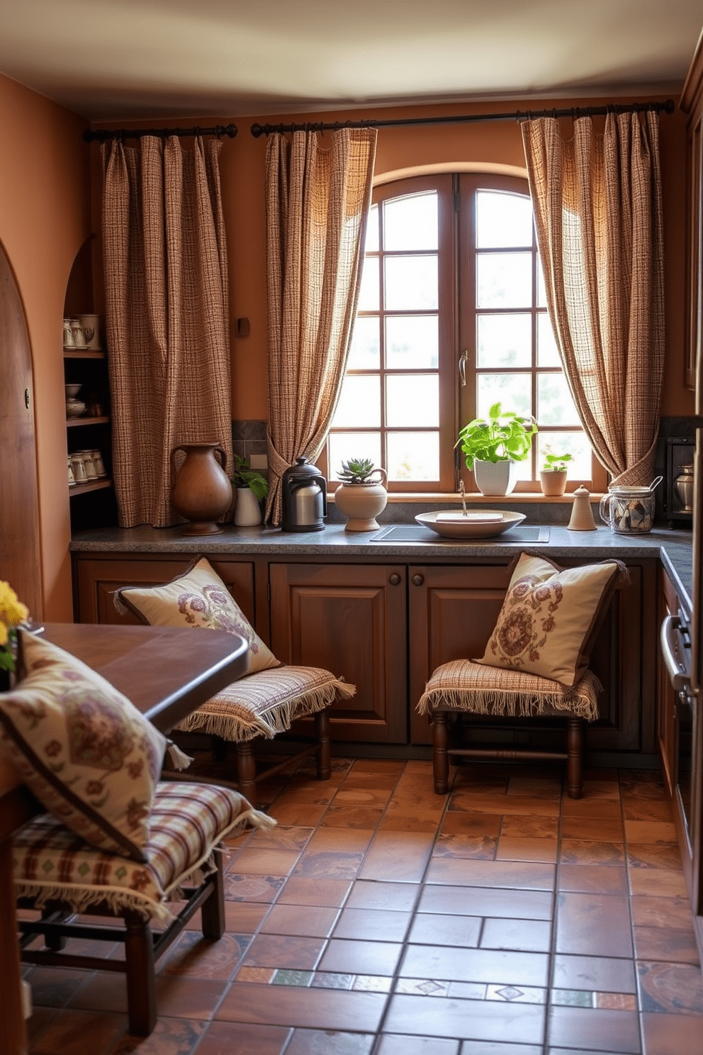 A Mediterranean kitchen adorned with textured fabrics for curtains and cushions. The space features warm earthy tones and rustic wooden cabinetry, complemented by vibrant ceramic tiles.