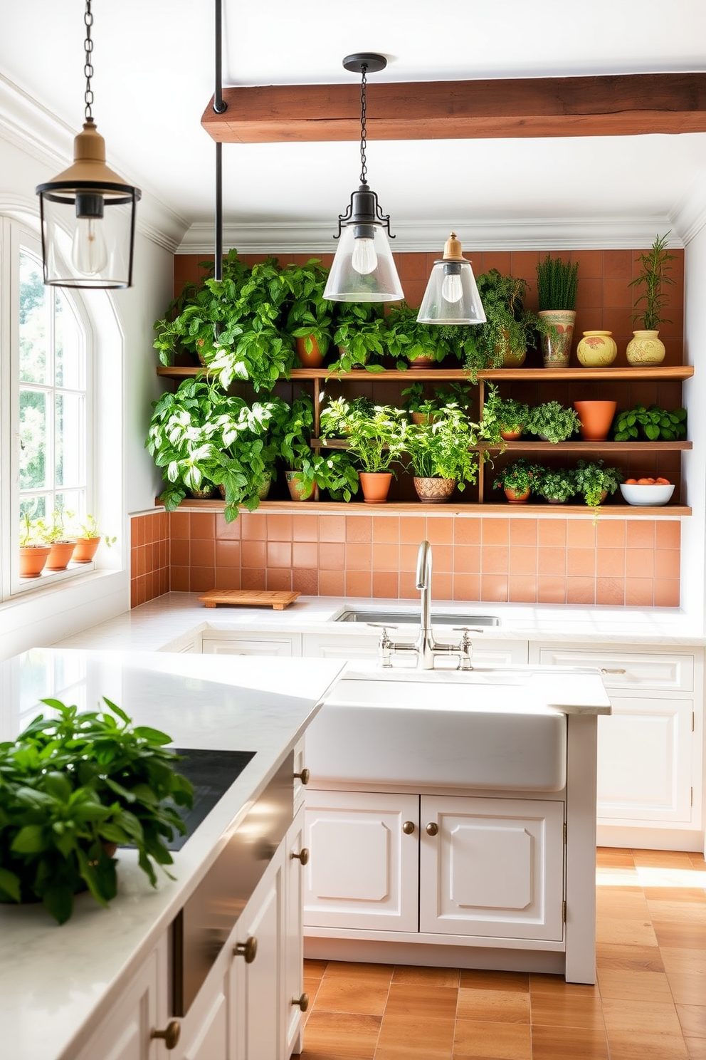 A bright and airy Mediterranean kitchen features a large window above the sink, showcasing a lush herb garden filled with fresh basil, thyme, and rosemary. The cabinets are painted in soft white, complemented by a warm terracotta tile backsplash and rustic wooden shelves displaying vibrant ceramic pots. Natural light floods the space, highlighting a spacious island with a polished marble countertop, perfect for meal prep and casual dining. Hanging above the island, elegant pendant lights add a touch of sophistication, while a large farmhouse sink invites culinary creativity.