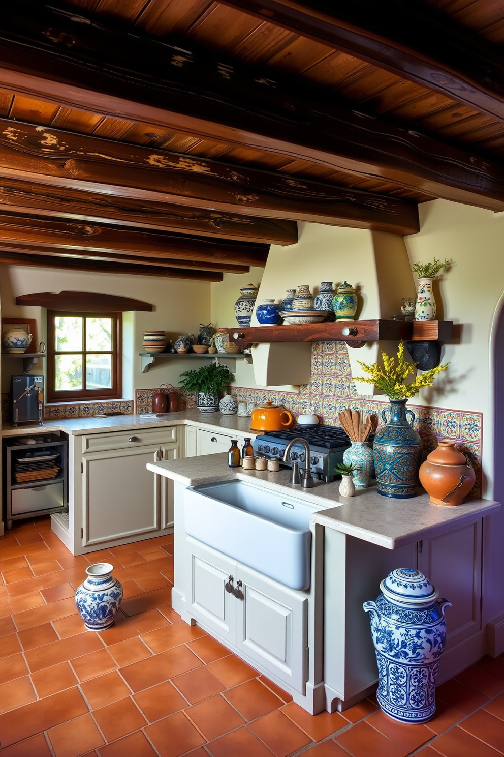 A Mediterranean kitchen designed with vintage pottery as decorative accents. The kitchen features warm terracotta tiles, wooden beams on the ceiling, and an inviting farmhouse sink surrounded by colorful ceramic tiles.