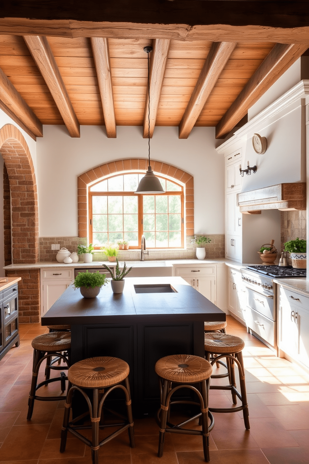 A Mediterranean kitchen design featuring warm terracotta tiles and rustic wooden beams overhead. The cabinetry is painted in soft white, complemented by a natural stone backsplash and a large farmhouse sink. A spacious island sits in the center, topped with a rich dark wood surface, surrounded by woven bar stools. Potted herbs adorn the countertops, while a large window allows natural light to flood the space, creating a welcoming atmosphere.