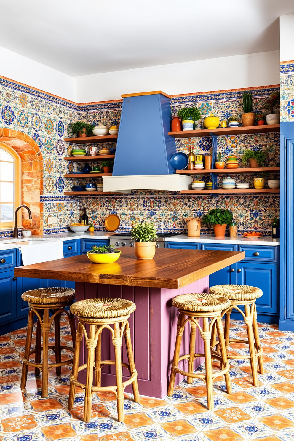 A vibrant kitchen setting inspired by Mediterranean landscapes. The walls are adorned with intricate tile patterns in shades of blue, yellow, and terracotta, reflecting the coastal charm of the region. A spacious island with a rustic wooden countertop serves as the centerpiece, surrounded by woven bar stools. Open shelves display colorful ceramic dishes and potted herbs, adding warmth and character to the space.