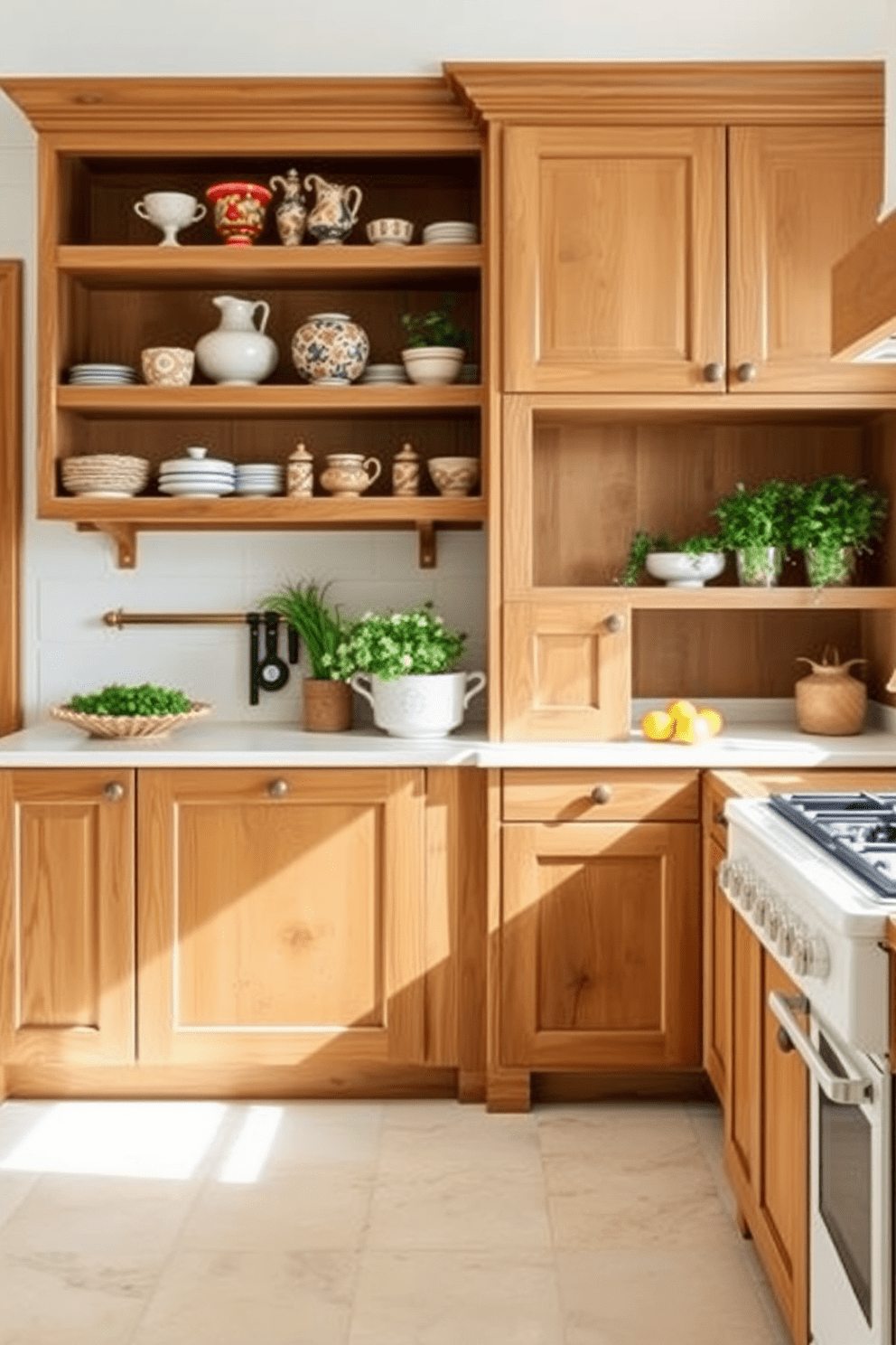 A Mediterranean kitchen featuring natural wood finishes for cabinetry and trim. The space is bright and airy with open shelving displaying colorful ceramics and fresh herbs.