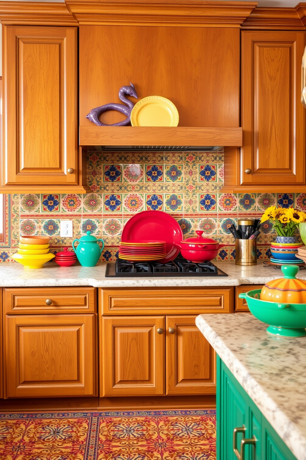 Brightly colored dishware adds cheerful accents to a Mediterranean kitchen. The cabinetry features a warm wood finish, complemented by intricate tile work in vibrant hues.