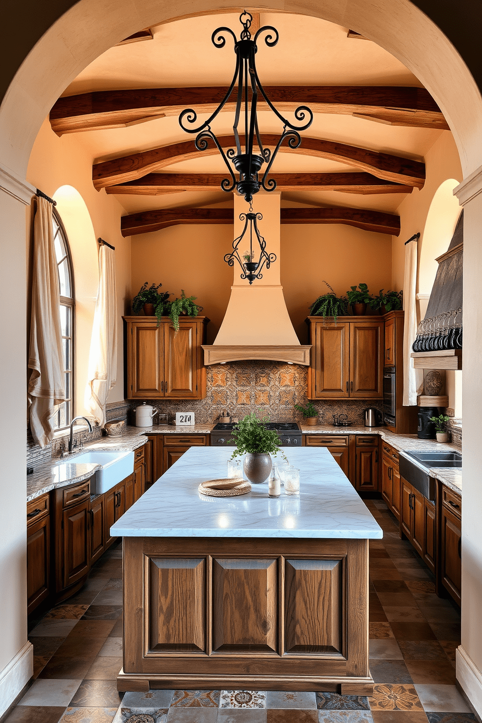 A Mediterranean kitchen featuring arched doorways that create a sense of elegance and openness. The space includes rustic wooden cabinetry, a large central island with a marble countertop, and vibrant tiles that add a pop of color to the design. Natural light pours in through large windows framed by flowing curtains, illuminating the warm earth tones of the decor. Decorative elements such as hanging pots of herbs and a classic wrought iron chandelier enhance the Mediterranean charm of the kitchen.