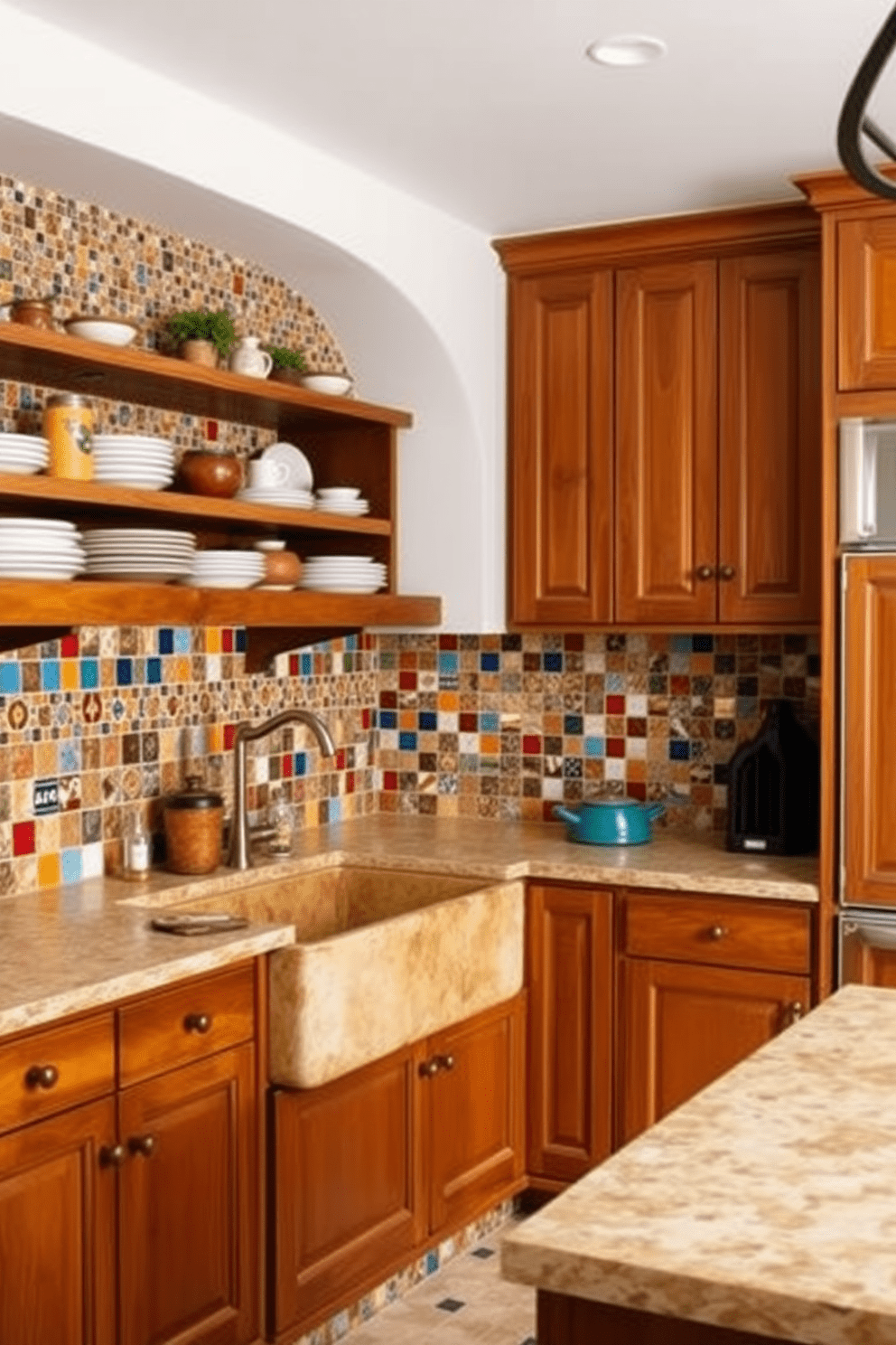 A vibrant Mediterranean kitchen featuring colorful mosaic backsplashes that add visual interest. The cabinetry is a warm wood tone, complemented by a rustic farmhouse sink and open shelving displaying ceramic dishware.