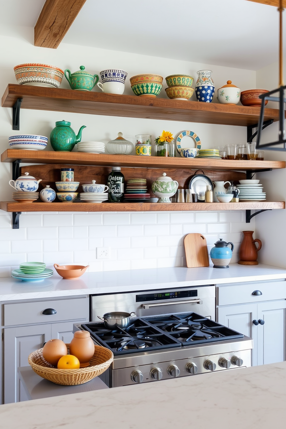 A Mediterranean kitchen featuring open shelving that elegantly displays an array of beautiful dishware. The shelves are crafted from reclaimed wood, showcasing a mix of colorful ceramics and glassware, adding warmth and character to the space.