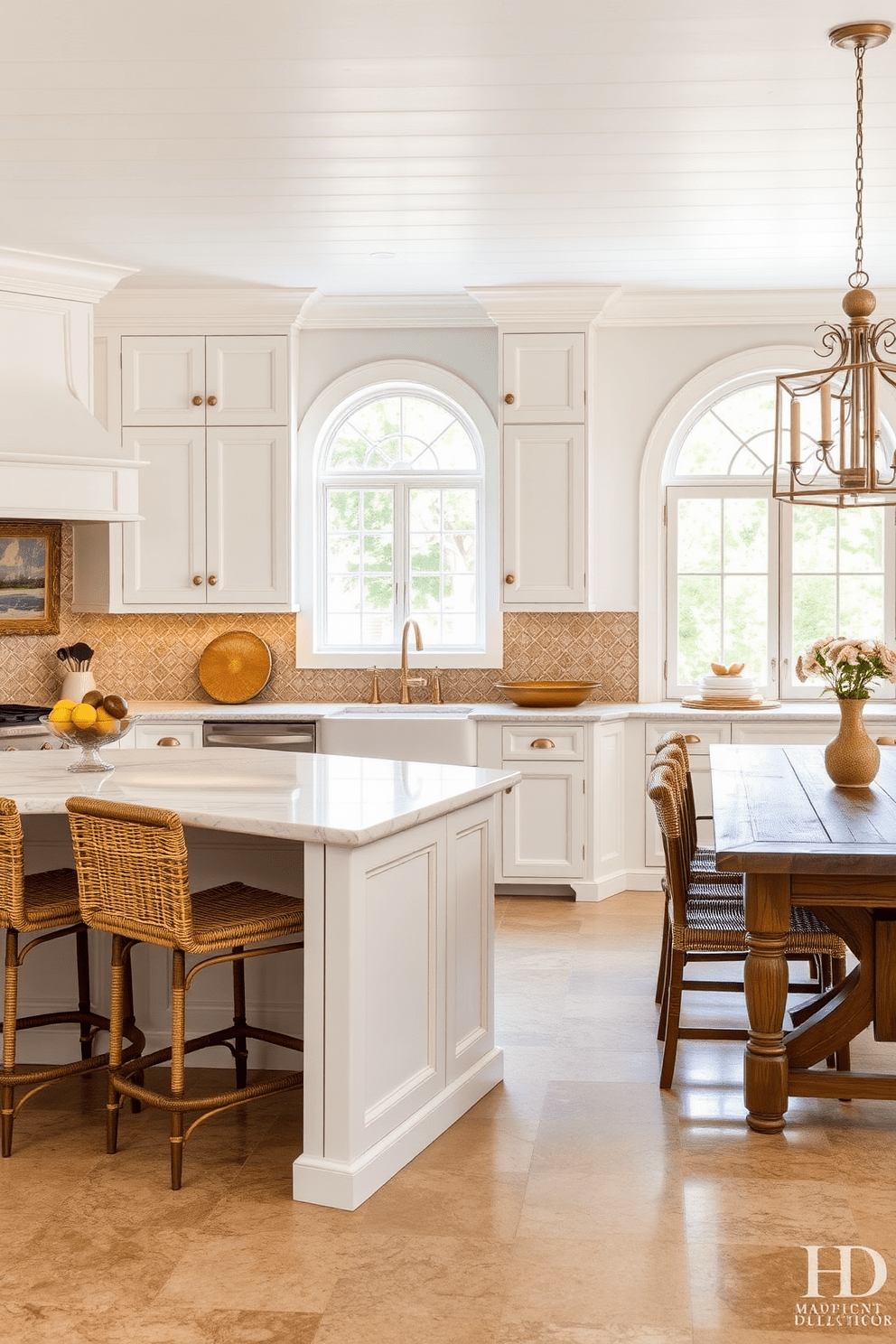 Classic white cabinetry with brass hardware creates a timeless appeal in a Mediterranean kitchen. The spacious layout features a large island with a marble countertop, complemented by woven bar stools and a decorative bowl of fresh fruits. Natural light floods the room through arched windows, highlighting the intricate tile backsplash in warm earth tones. A rustic wooden dining table sits adjacent to the kitchen, surrounded by comfortable chairs, inviting family gatherings and shared meals.