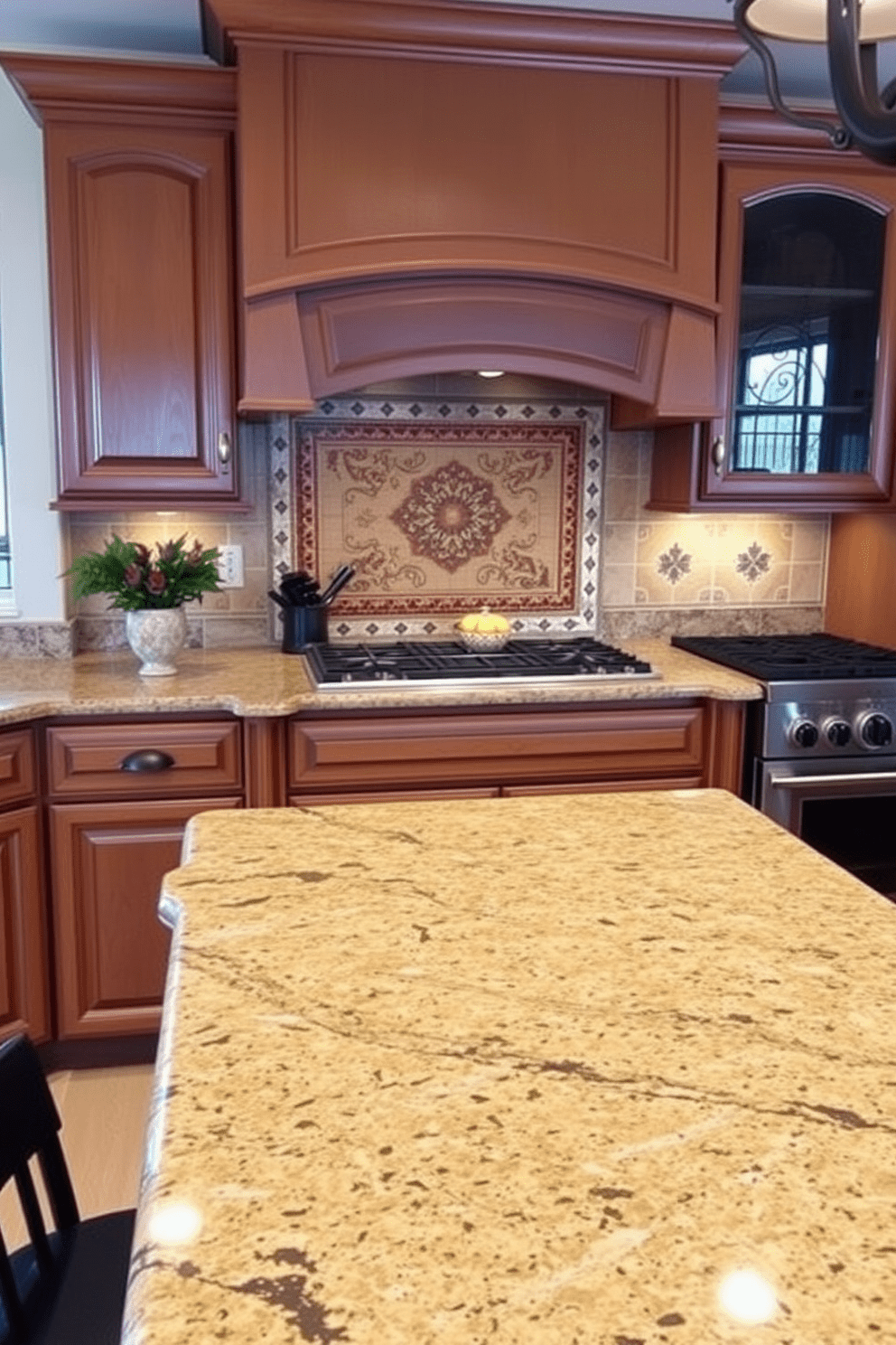 A Mediterranean kitchen featuring granite countertops with a natural stone texture. The cabinetry is a warm wood tone, complemented by intricate tile backsplashes and wrought iron accents.