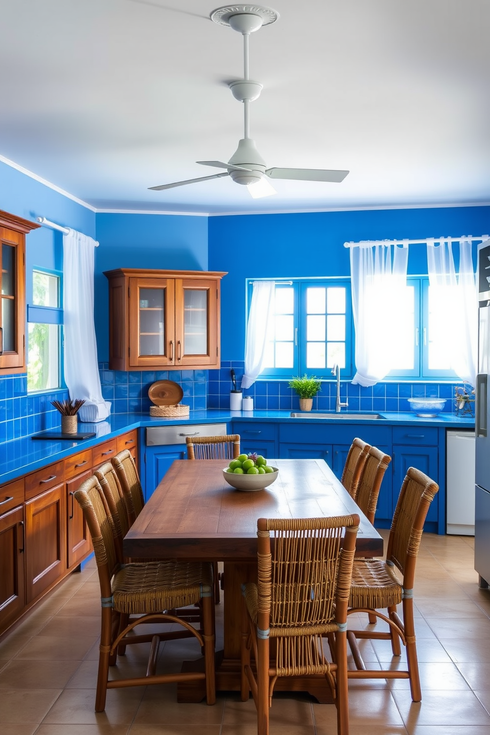 A Mediterranean kitchen with vibrant blue accents that evoke a coastal feel. The cabinetry features a rich wood finish, complemented by bright blue tiles that line the backsplash and add a pop of color. Natural light floods the space through large windows adorned with sheer white curtains. A rustic wooden dining table sits at the center, surrounded by woven chairs that enhance the coastal aesthetic.