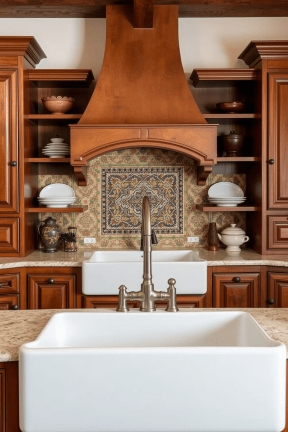 A spacious Mediterranean kitchen featuring a large farmhouse sink as the centerpiece. The cabinetry is a warm wood tone with intricate detailing, complemented by a colorful tiled backsplash and open shelving displaying rustic dishware.