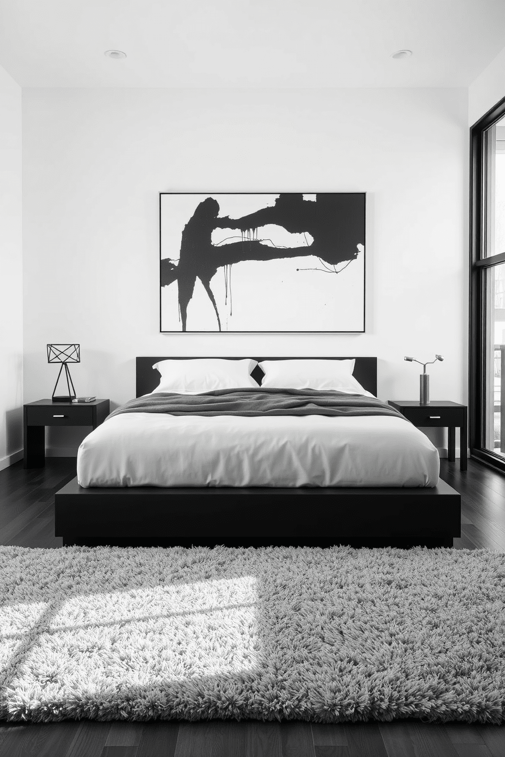 A modern minimalist men's bedroom design featuring a sleek black platform bed with crisp white linens. The walls are painted in a soft white, complemented by a large abstract black and white artwork above the bed. To the side, a minimalist black nightstand holds a simple lamp with a geometric design. A plush gray area rug anchors the space, and a large window allows natural light to fill the room, enhancing the clean lines and open feel.