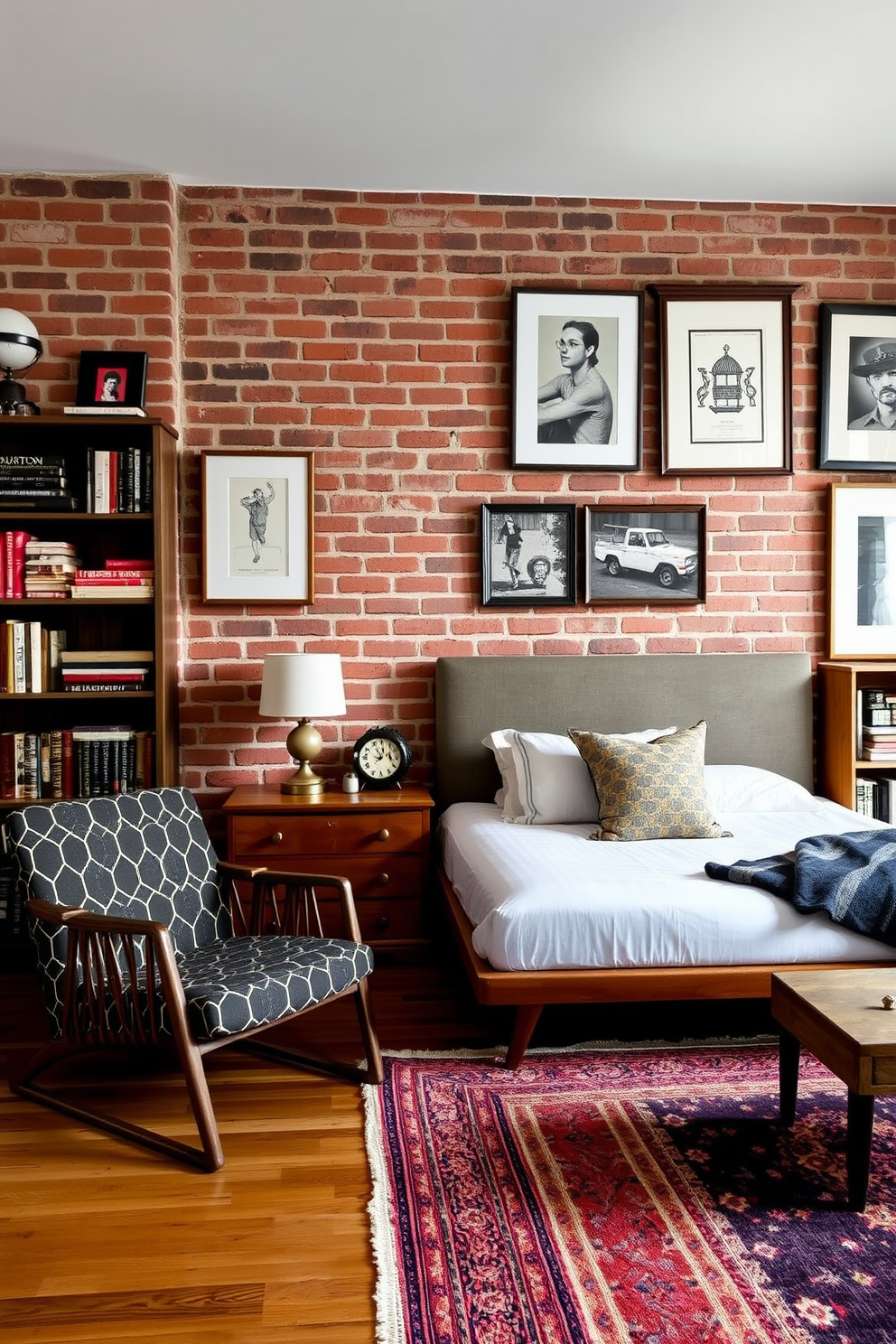 A men's bedroom featuring an eclectic mix of vintage and modern pieces. A sleek mid-century modern bed sits against a textured brick wall, complemented by an antique wooden nightstand adorned with a vintage lamp. A stylish armchair in a bold pattern is placed in one corner, next to a contemporary bookshelf filled with an assortment of books and decor. The room is accented with a rich area rug that adds warmth, while framed art pieces blend classic and modern styles on the walls.