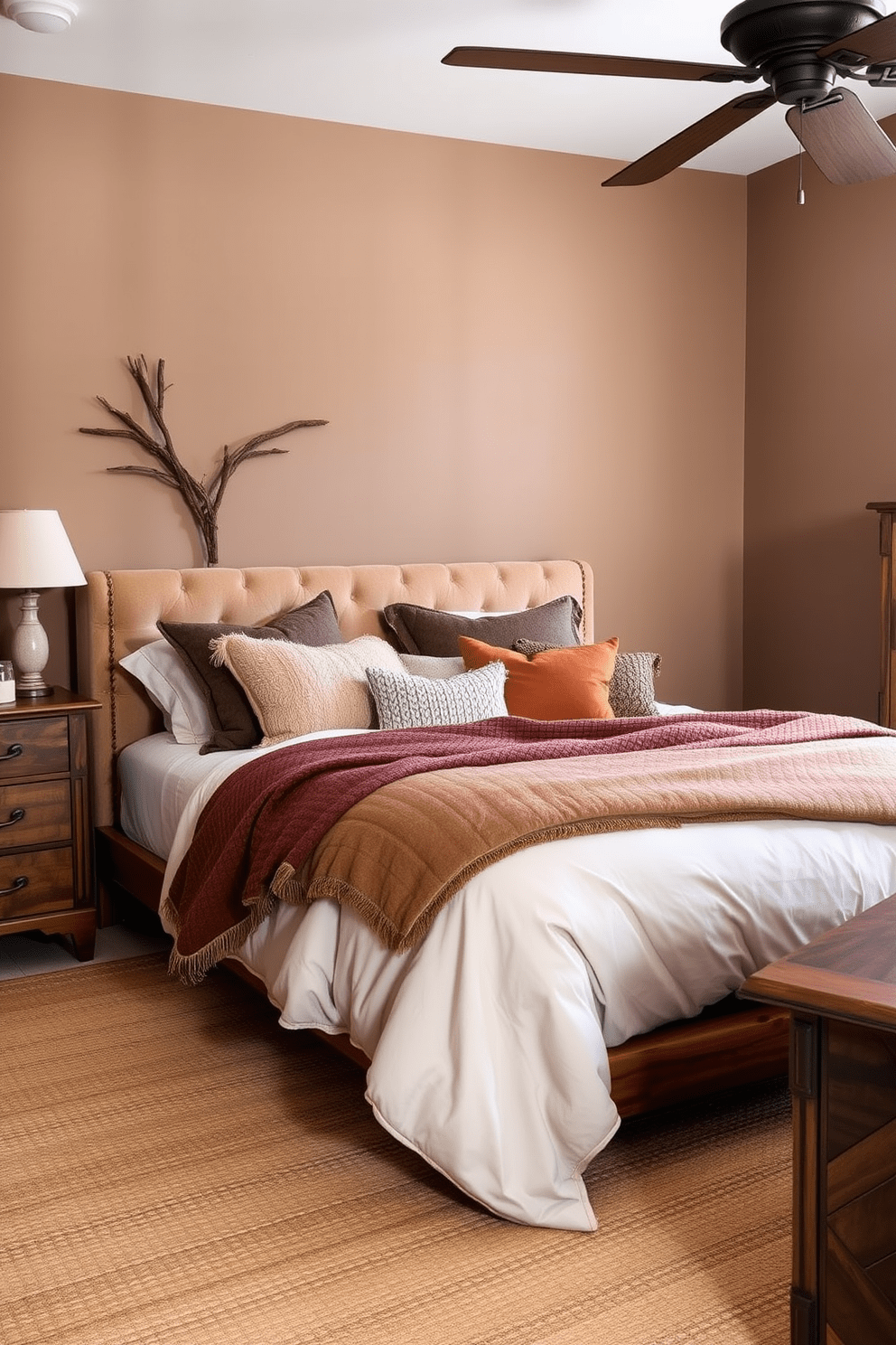 A cozy men's bedroom featuring earthy tones and natural textures. The walls are painted in a warm taupe, complemented by a wooden bed frame with a plush, neutral-toned headboard. The bedding consists of layered blankets in shades of brown and cream, with a mix of textured pillows. A large area rug with a woven design anchors the space, while a wooden dresser adds a rustic touch.