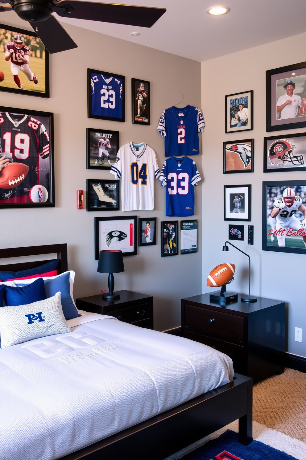 A dynamic men's bedroom featuring sports-themed decor. The walls are adorned with framed memorabilia including jerseys, autographed photos, and sports equipment. A sleek bed with a dark wood frame sits against one wall, complemented by bedding in team colors. A stylish nightstand holds a small lamp shaped like a football, adding to the sporty ambiance.