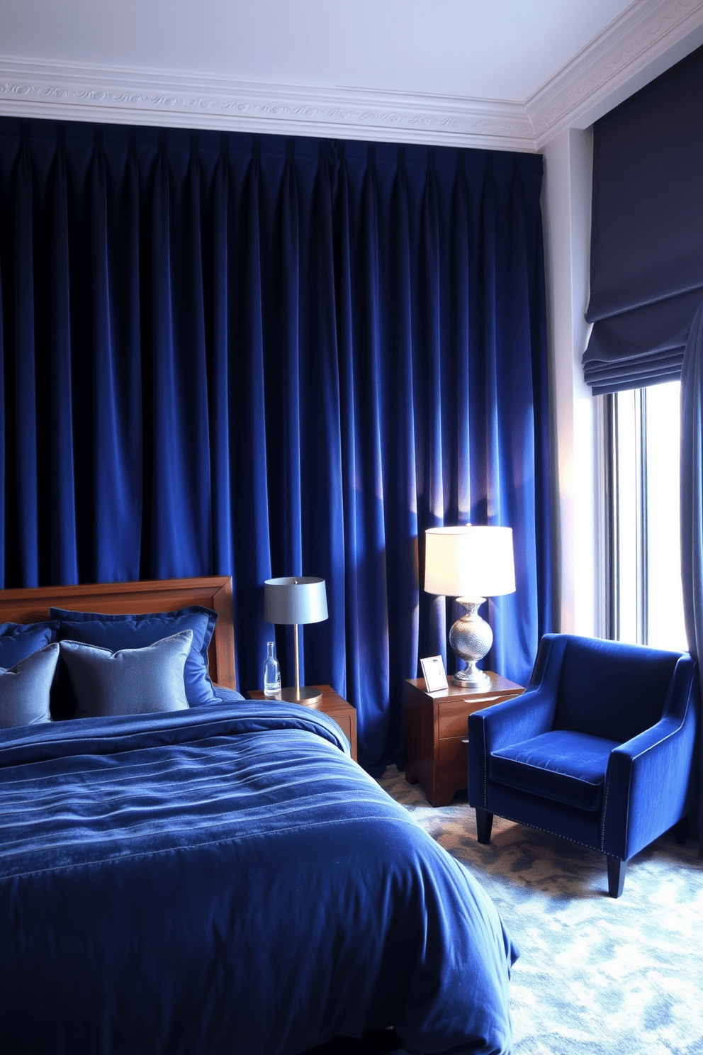 A luxurious men's bedroom featuring deep blue velvet drapes that cascade elegantly to the floor. The bed is dressed in a plush velvet comforter, complemented by an array of textured throw pillows in varying shades of gray. The room includes a sleek wooden nightstand with a modern lamp casting a warm glow. A stylish armchair upholstered in matching velvet sits in the corner, creating a cozy reading nook beside a floor-to-ceiling window.