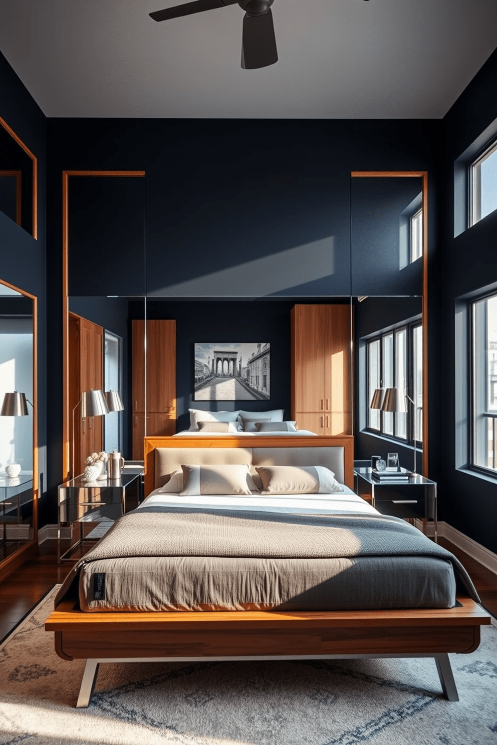 A stylish men's bedroom featuring clever use of mirrors to enhance the sense of space. The room includes a sleek wooden bed frame with a plush headboard and two mirrored nightstands on either side. Natural light floods in through large windows, reflecting off the mirrors and creating an airy atmosphere. The walls are painted in a deep navy blue, complemented by warm wood accents and a cozy area rug.