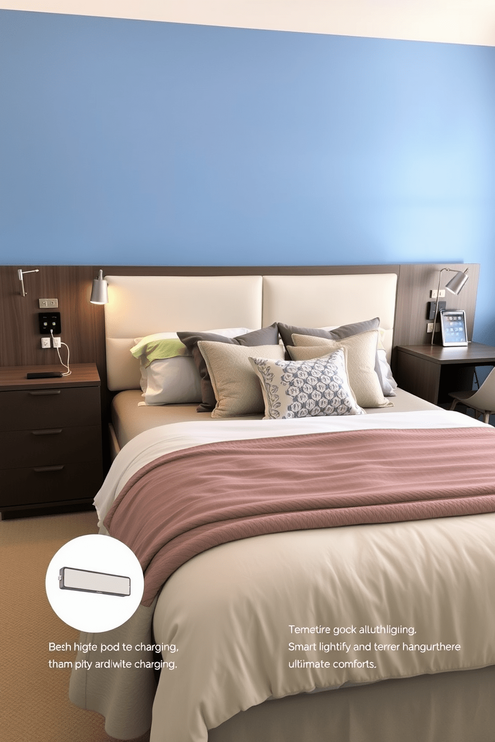 A tech-friendly bedroom features sleek furniture with built-in charging stations conveniently located on both sides of the bed. The walls are painted in a calming blue hue, complemented by modern bedside lamps that provide both light and USB ports for easy device charging. The bedding is a mix of soft textures, including a plush duvet and decorative pillows, creating a cozy atmosphere. A stylish desk area with a minimalist design offers additional workspace, while smart home features control lighting and temperature for ultimate comfort.