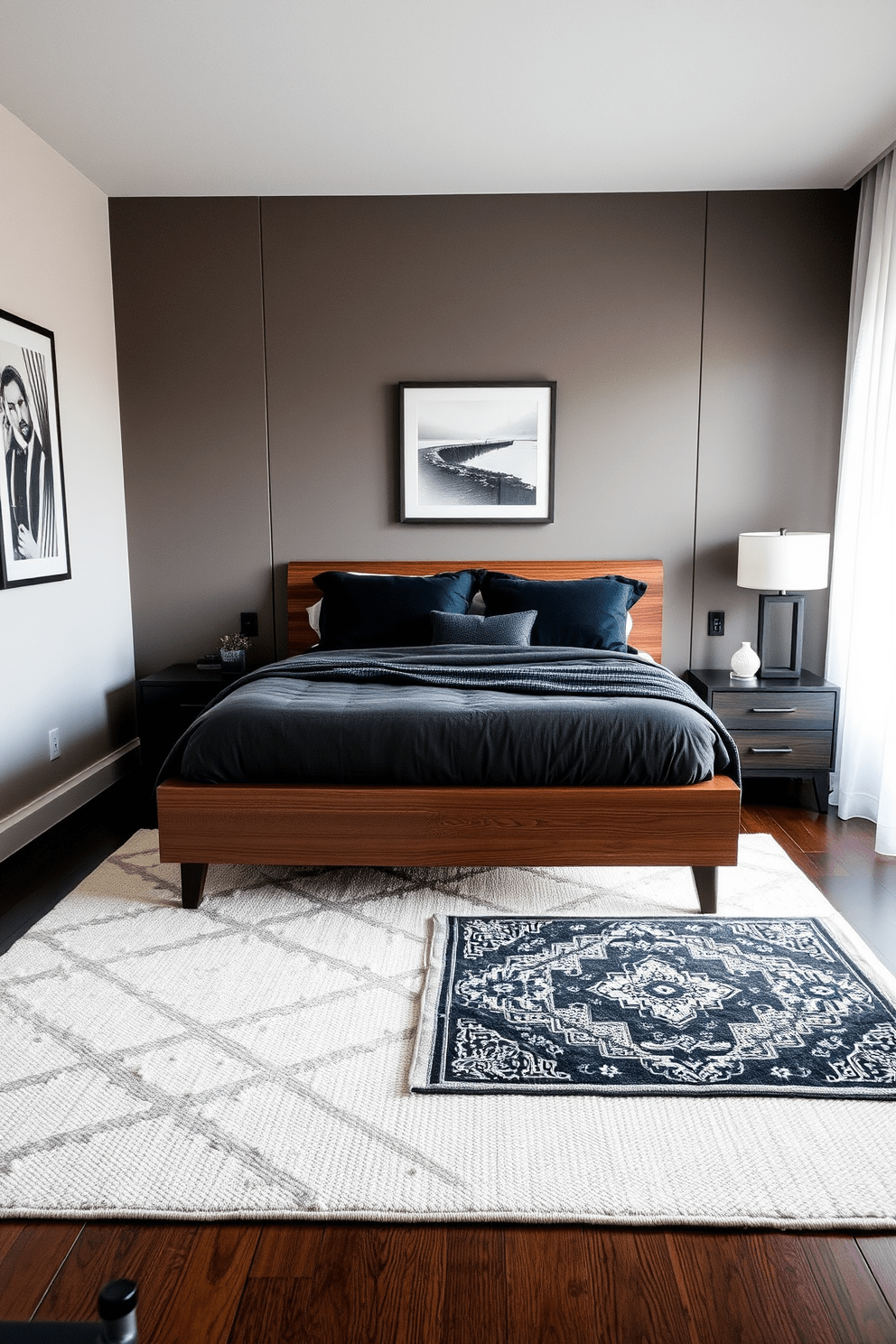 A men's bedroom design featuring layered rugs that add warmth and style. The first rug is a large neutral-toned base layer, while a smaller, patterned rug sits atop it, creating visual interest. The room includes a sleek wooden bed frame with plush bedding in deep colors. A stylish bedside table holds a modern lamp, and artwork adorns the walls to enhance the overall aesthetic.