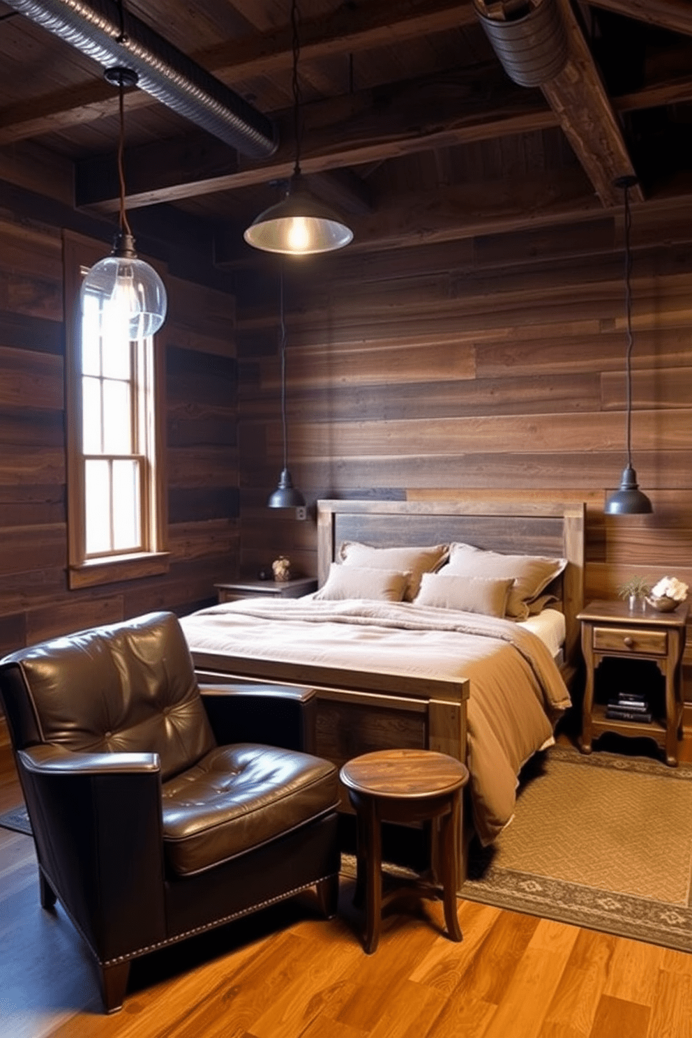 Rustic wood accents create a warm and inviting atmosphere in the men's bedroom. Industrial lighting fixtures hang from the ceiling, providing a modern contrast to the natural elements. The bed features a reclaimed wood frame with plush bedding in earthy tones. A vintage leather chair sits in the corner, complemented by a wooden side table and a patterned rug.