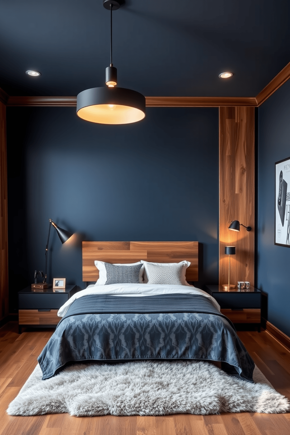 A men's bedroom design featuring stylish lighting fixtures as focal points. The room includes a modern pendant light above the bed and sleek bedside lamps that provide warm ambient lighting. The walls are painted in a deep navy blue, complemented by rich wood accents throughout the space. A plush area rug sits beneath the bed, adding texture and warmth to the overall design.