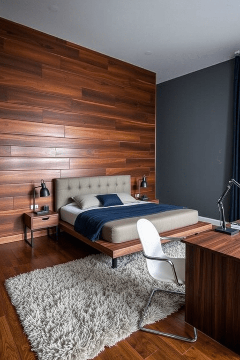 A bold accent wall features rich wood paneling, creating a warm and inviting atmosphere. The room is styled with a sleek platform bed, complemented by modern bedside tables and industrial-style lamps. A plush area rug adds texture underfoot, while a minimalist desk provides a functional workspace. The color palette includes deep blues and earthy tones, enhancing the masculine aesthetic of the space.