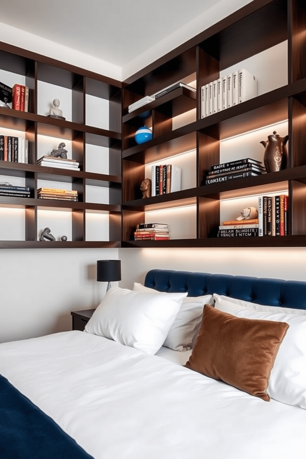 Creative shelving for books and decor. The shelves are made of dark wood with a sleek finish and are arranged in a staggered pattern on the wall. Men's bedroom design ideas. The room features a king-sized bed with a plush navy blue upholstered headboard and crisp white linens.