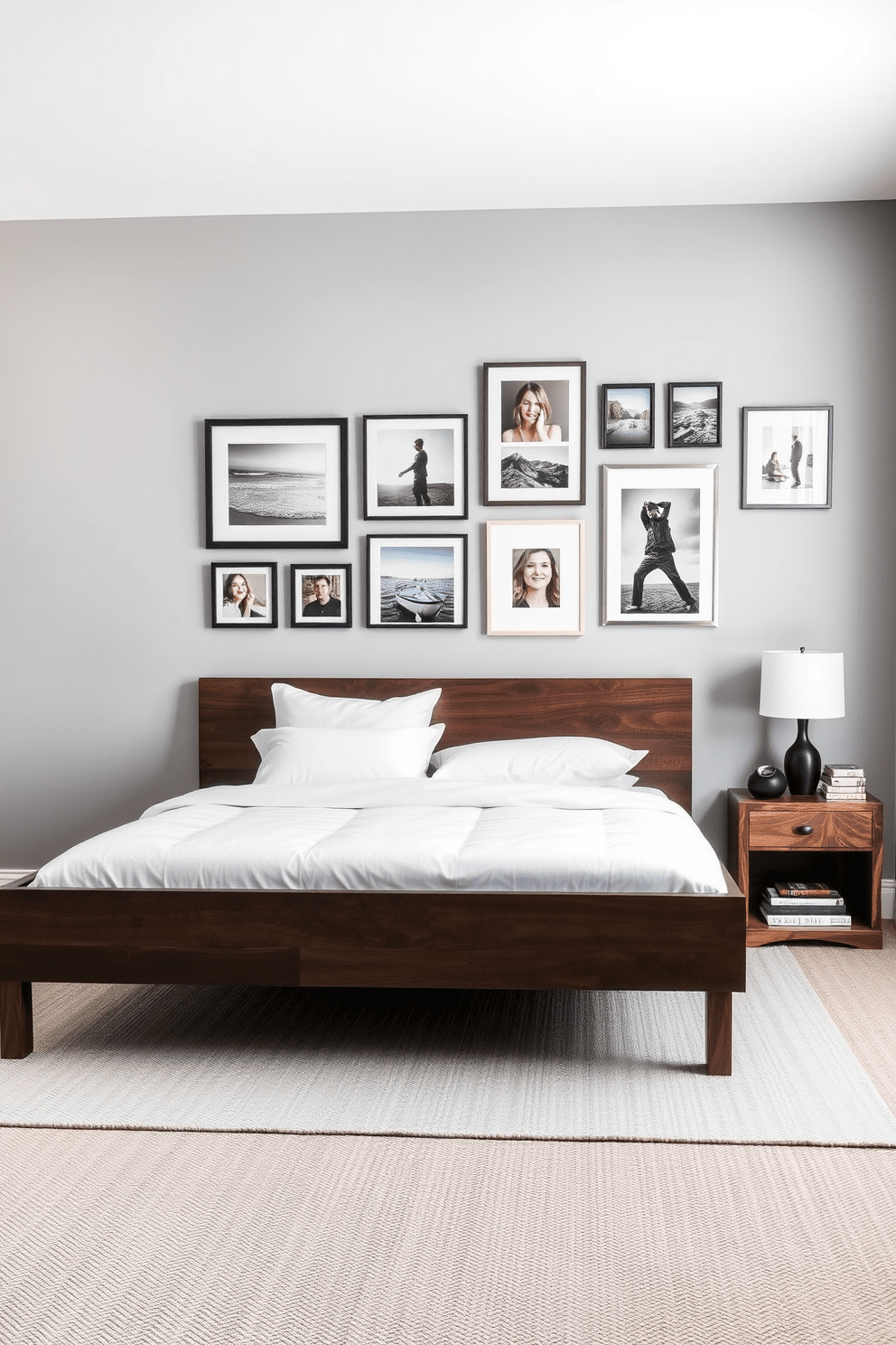 A personalized photo gallery wall display features a curated collection of framed photographs in various sizes, showcasing cherished memories and artistic prints. The wall is painted in a soft gray hue, providing a neutral backdrop that enhances the vibrancy of the photos. The men's bedroom design incorporates a sleek platform bed with a dark wood frame and crisp white linens. A stylish nightstand made of reclaimed wood sits beside the bed, adorned with a modern lamp and a few well-chosen books.