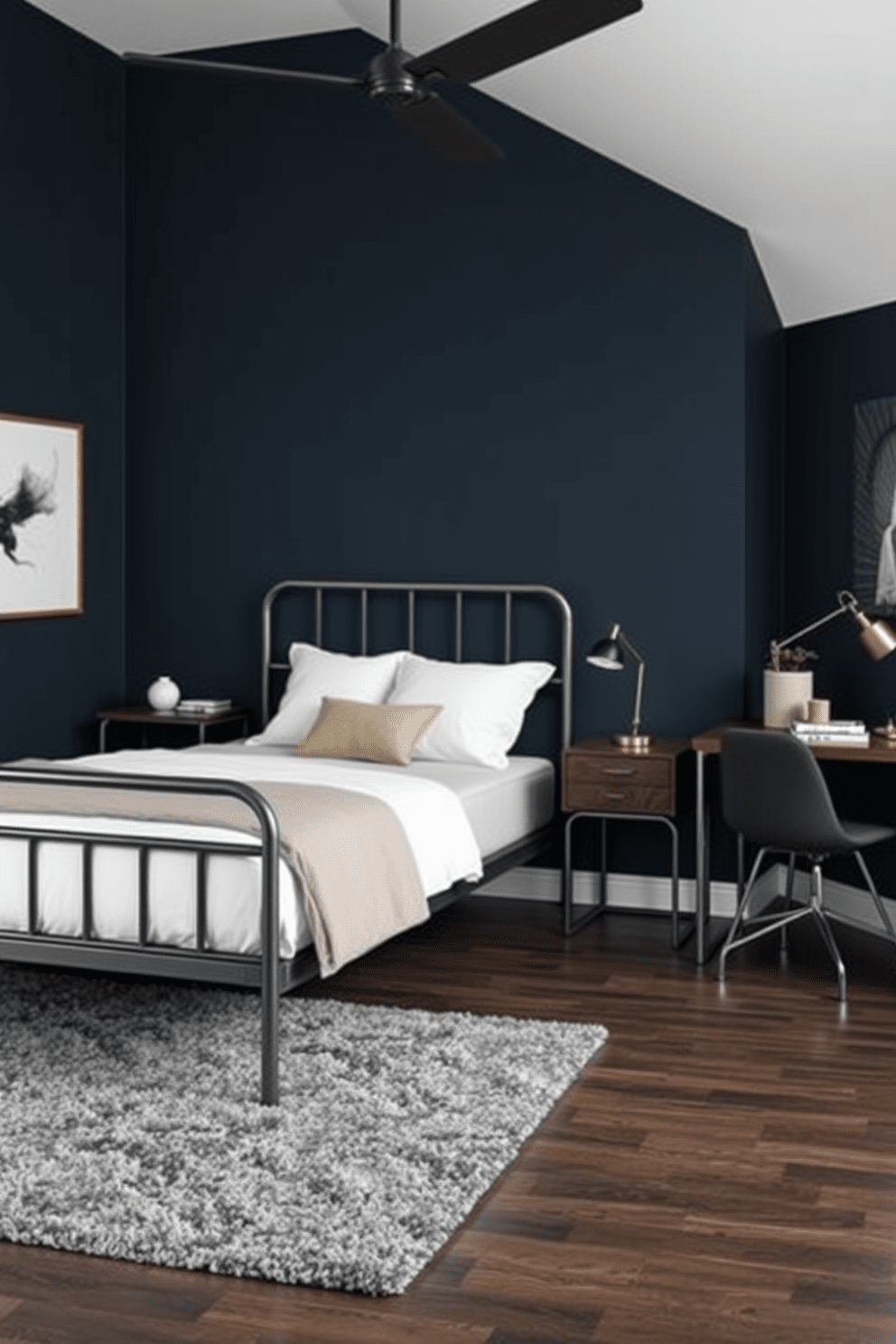 A stylish men's bedroom featuring a sleek metal bed frame with a minimalist design. The room includes a matching metal nightstand and a modern desk with metal legs, complemented by a plush area rug and dark wood flooring. The walls are painted in a deep navy blue, creating a sophisticated atmosphere. A mix of metal and wood accessories adds warmth, while a statement artwork piece hangs above the bed, enhancing the overall aesthetic.