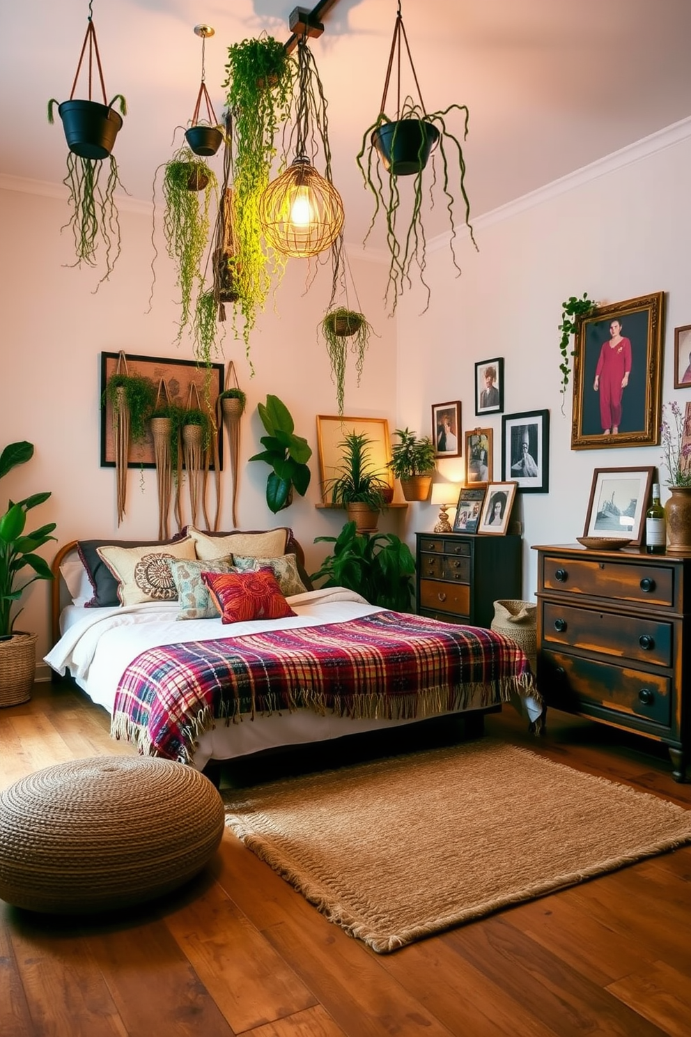 A relaxed bohemian vibe with plants. The room features a large, comfortable bed adorned with colorful textiles and layered pillows. Hanging plants cascade from the ceiling, adding a touch of nature to the space. A vintage wooden dresser sits against the wall, complemented by a woven rug on the floor. Soft, ambient lighting creates a warm atmosphere, while framed art and photographs add personal touches. The color palette includes earthy tones mixed with vibrant accents for a cozy yet stylish look.